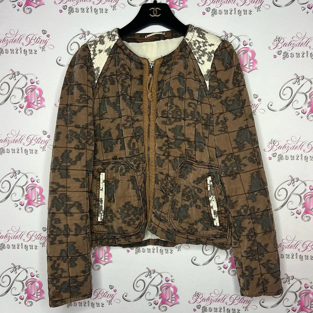 Wilfred Aritzia jacket coat quilted brown lace pattern elbow patches luxe boho